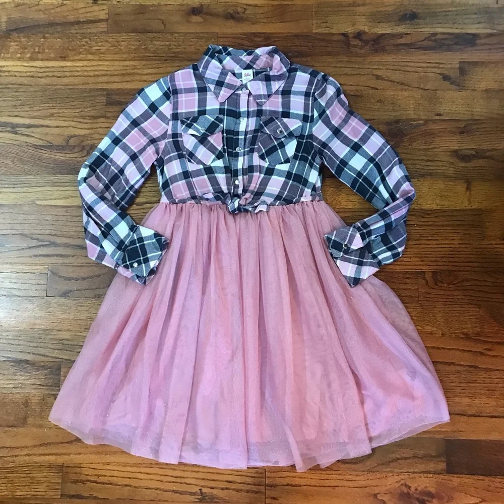 Girls Justice Pink / Black Plaid & Tulle Dress Size Medium 7 / 8 100% Polyester